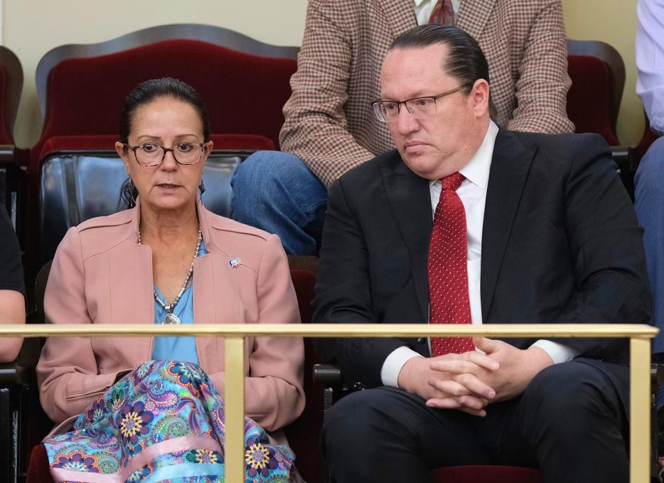 The elected leaders of several tribal nations attended Monday's vote by the Senate, including Quapaw Nation Chair Wena Supernaw, left, and Shawnee Tribe Chief Ben Barnes.