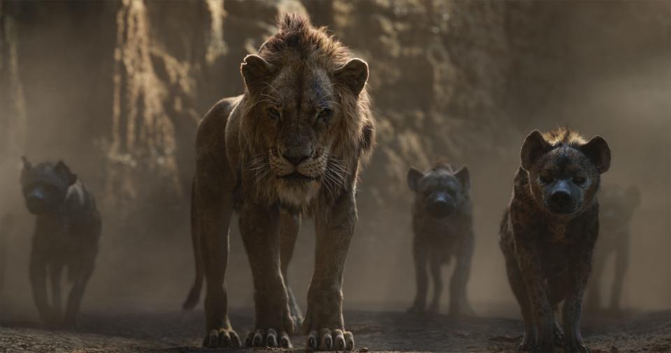 The dastardly Scar (voiced by Chiwetel Ejiofor) and his hyena sidekicks (Florence Kasumba, Eric André and Keegan-Michael Key) in the new 