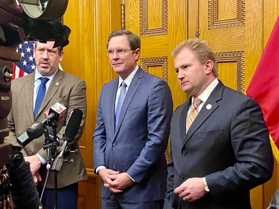 House Speaker Cameron Sexton, R-Crossville, and House Majority Leader William Lamberth, R-Portland, take questions after session concluded on Thursday, Feb. 29, 2024.