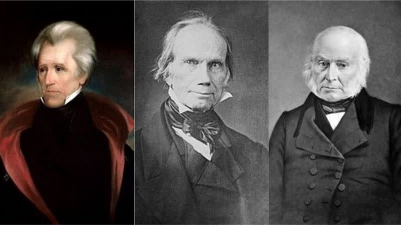 1824年的美國總統大選被不少學者稱作美國史上「最黑箱的一次選舉」(左:安德魯•傑克森、中:亨利•克萊、右:約翰•昆西•亞當斯/翻攝維基百科)
