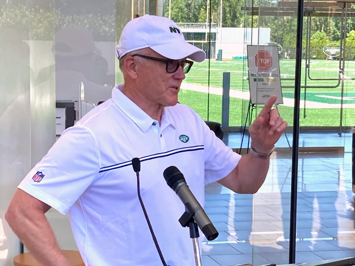 New York Jets owner and chairman Woody Johnson speaks to reporters at the team’s NFL football facility in Florham Park, N.J, Wednesday, June 16, 2021. (AP)