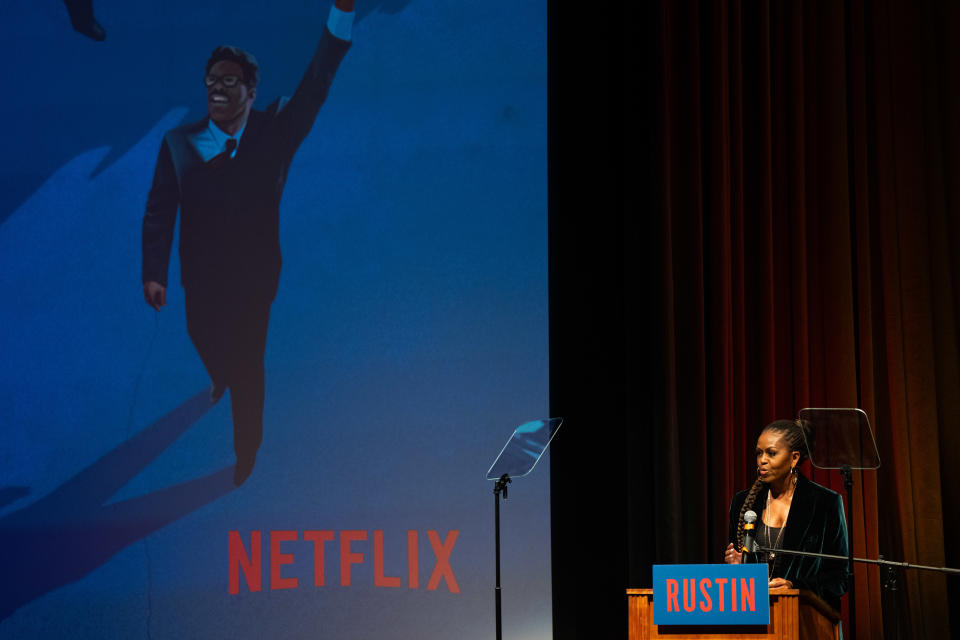 Former First Lady Michelle Obama speaks before the screening of Rustin at the National Museum of African American History and Culture, in Washington, D.C.