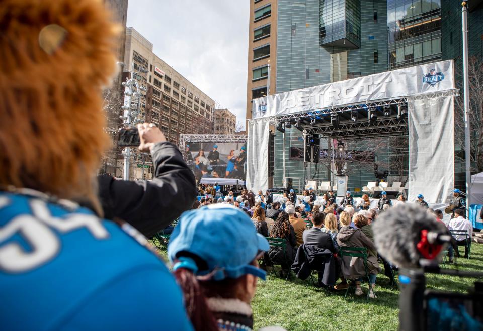People pack the area during the 2024 NFL Draft Celebration at Campus Martius Park in Detroit on April 14, 2022.