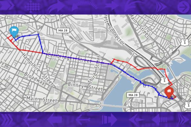 Sur cette carte, le chemin le plus emprunté par les piétons est représenté en rouge alors que le chemin piéton le plus court est en bleu. (Photo: MIT)