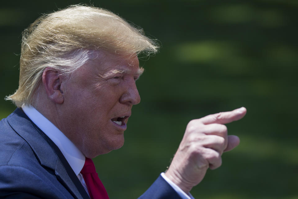 President Donald Trump speaks with reporters on the South Lawn of the White House, Wednesday, June 26, 2019, in Washington. Trump is en route to Japan for the G-20 summit. (AP Photo/Alex Brandon)