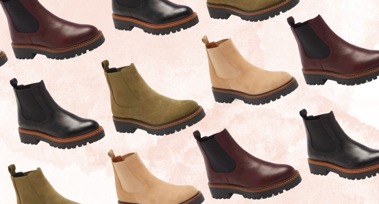 Collage featuring Nordstrom Caslon Miller Water Resistant Chelsea Boot in black, brown, tan and green