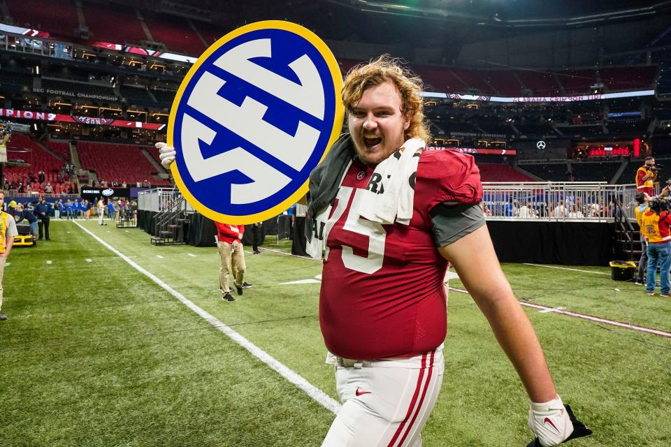 Alabama offensive lineman Tommy Brown celebrated after winning the SEC championship against Georgia. The two teams meet again Monday night for the national championship.