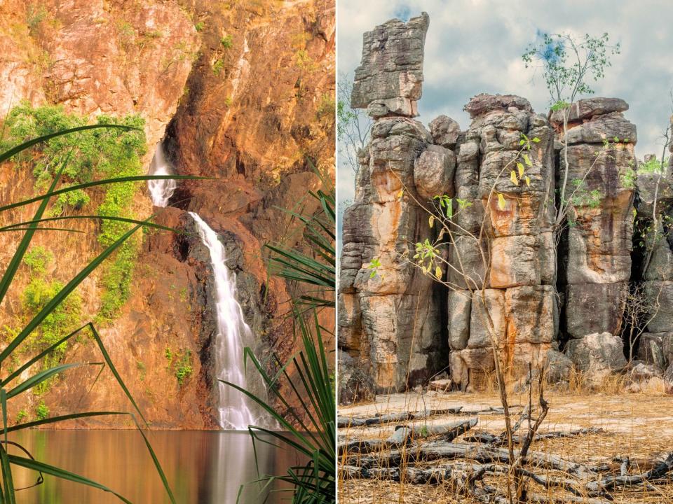 Left: a waterfall on a red rock behind palm trees Right: The Lost City, a formation of sandstone towers and pillars