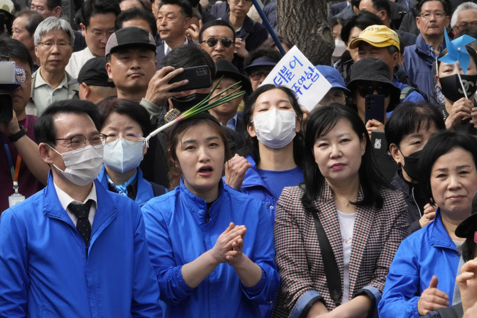 People listen to the speech of the main opposition Democratic Party leader Lee Jae-myung during a campaign rally for the upcoming parliamentary election on April 10, in Seoul, South Korea, Monday, April 8, 2024. As South Koreans head to the polls to elect a new 300-member parliament on this week, many are choosing their livelihoods and other domestic concerns as the most important election issues. It's in a stark contrast from past elections that were overshadowed by security and foreign policy issues like North Korean nuclear threats and U.S. security commitment for South Korea. (AP Photo/Ahn Young-joon)