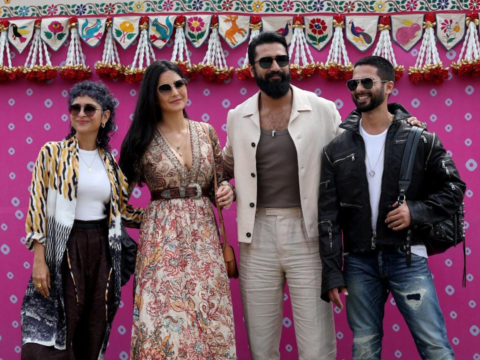 Film-maker Kiran Rao, Actor Vicky Kaushal, his wife, Actor Katrina Kaif and Actor Shahid Kapoor arrive to attend the pre-wedding celebrations.