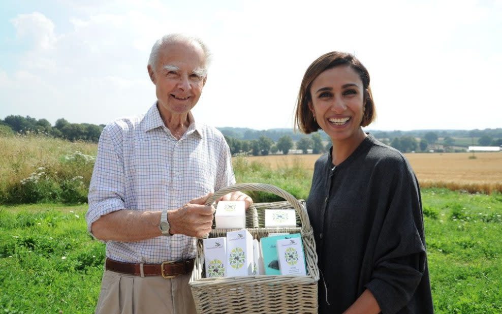 Sir Michael Colman showing his Summerdown peppermint range to Anita Rani on the BBC's Countryfile