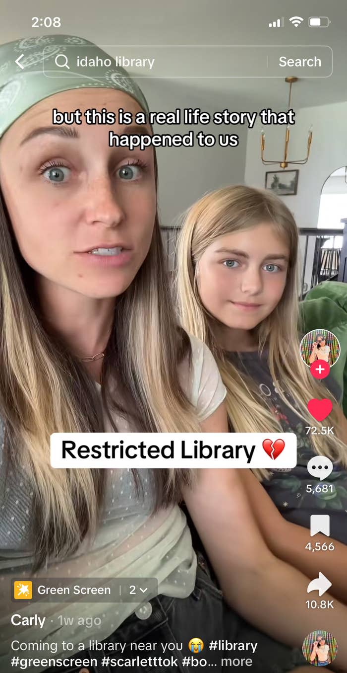 Carly and her child discuss a real-life story about the challenges of visiting a restricted library on a streaming app. The text on the image reads "Restricted Library ❤️‍?"