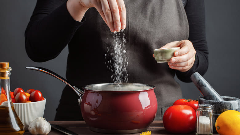 Person seasoning pot in kitchen