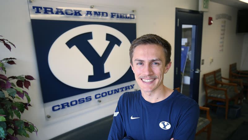 BYU distance runner Conner Mantz poses at the Smith Fieldhouse in Provo on Friday, Feb. 19, 2021. Mantz and fellow former BYU star Clayton Young finished 1-2 Saturday at Olympic Marathon Trials in Orlando, Florida.