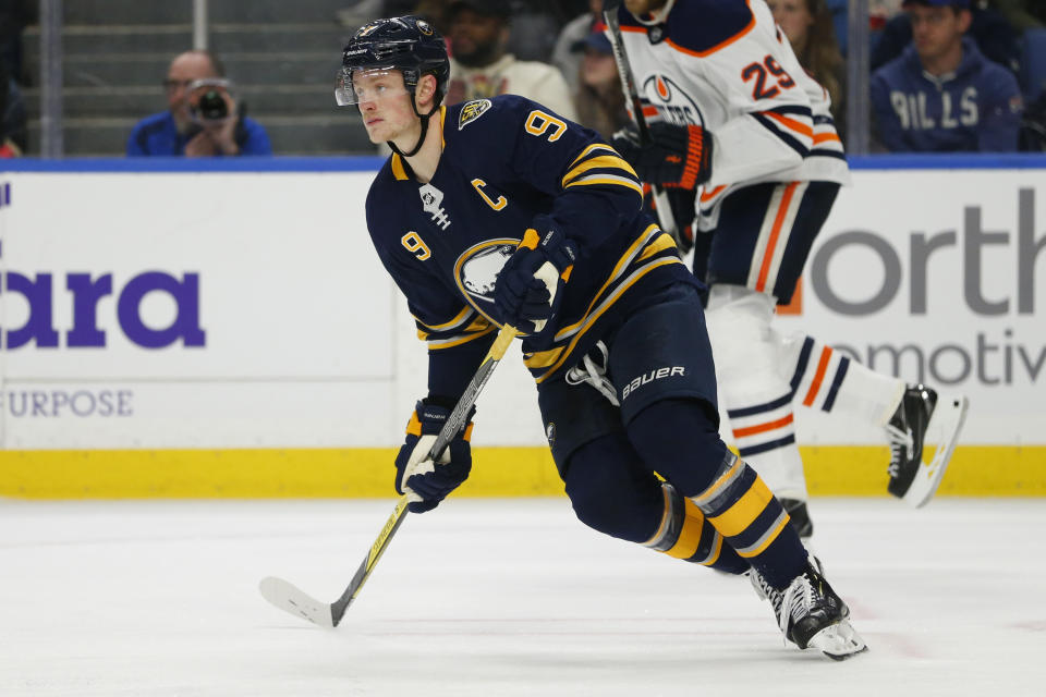 Buffalo Sabres forward Jack Eichel (9) skates during the third period of an NHL hockey game against the Edmonton Oilers, Thursday, Jan. 2, 2020, in Buffalo, N.Y. (AP Photo/Jeffrey T. Barnes)