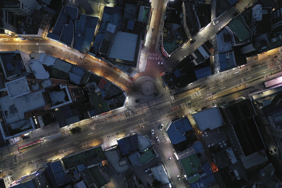 An aerial view of empty main roads is seen in Daegu, South Korea, Monday, Feb. 24, 2020. South Korea reported another large jump in new virus cases Monday a day after the the president called for "unprecedented, powerful" steps to combat the outbreak that is increasingly confounding attempts to stop the spread. (Kim Hyun-tae/Yonhap via AP)