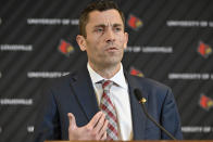 University of Louisville interim athletic director Josh Heird speaks to reporters following a meeting of the University Board of Trustees and the Louisville Athletic Association board, Wednesday, Jan. 26, 2022, in Louisville, Ky. The university and men’s basketball coach Chris Mack have mutually agreed to part ways, the school announced. Assistant Mike Pegues has been named interim coach for the remainder of the Cardinals' season. (AP Photo/Timothy D. Easley)