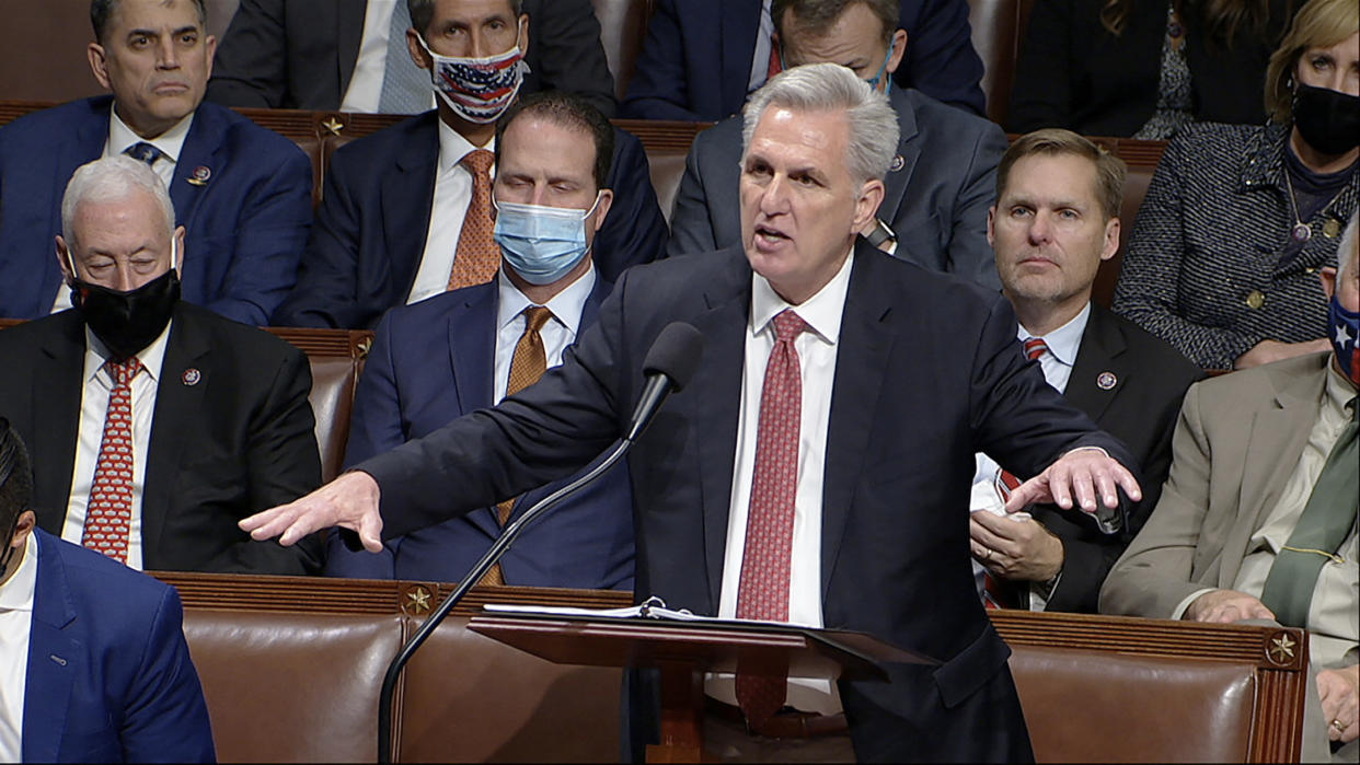 In this image from House Television, House Minority Leader Kevin McCarthy of Calif., speaks on the House floor during debate on the Democrats' expansive social and environment bill at the U.S. Capitol on Thursday, Nov. 18, 2021, in Washington. (House Television via AP)