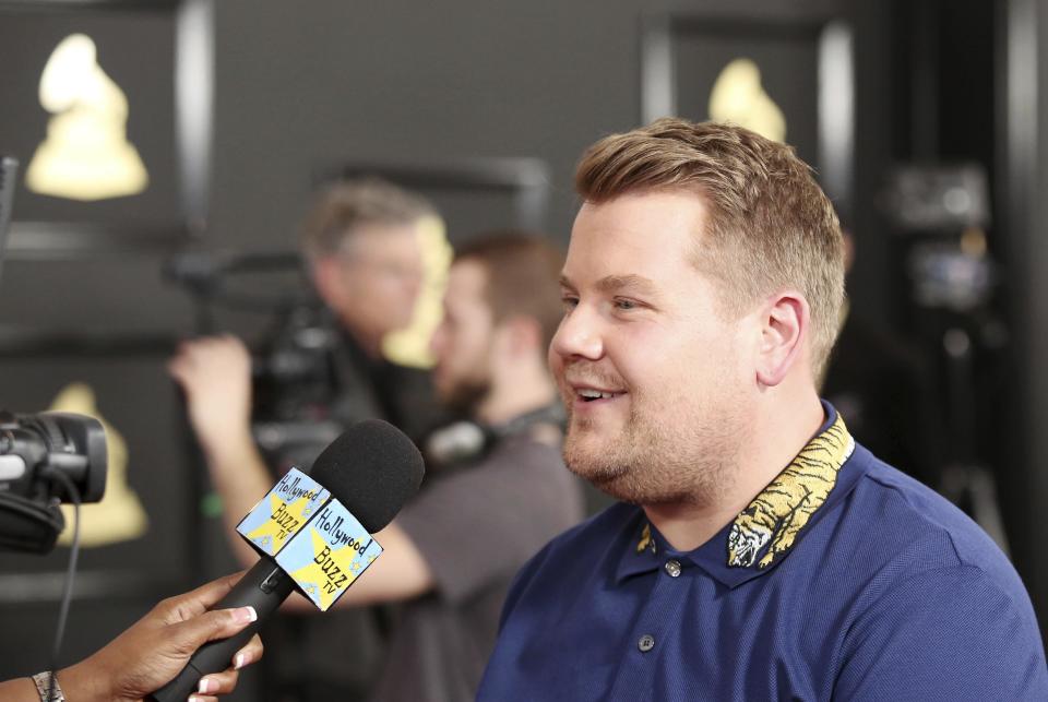 Host James Corden answers questions from the media after rolling out the red carpet for the 59th Annual Grammy Awards on Thursday, Feb. 9, 2017 in Los Angeles. The Grammy Awards will take place on Sunday, Feb. 12. (Photo by Matt Sayles/Invision/AP)