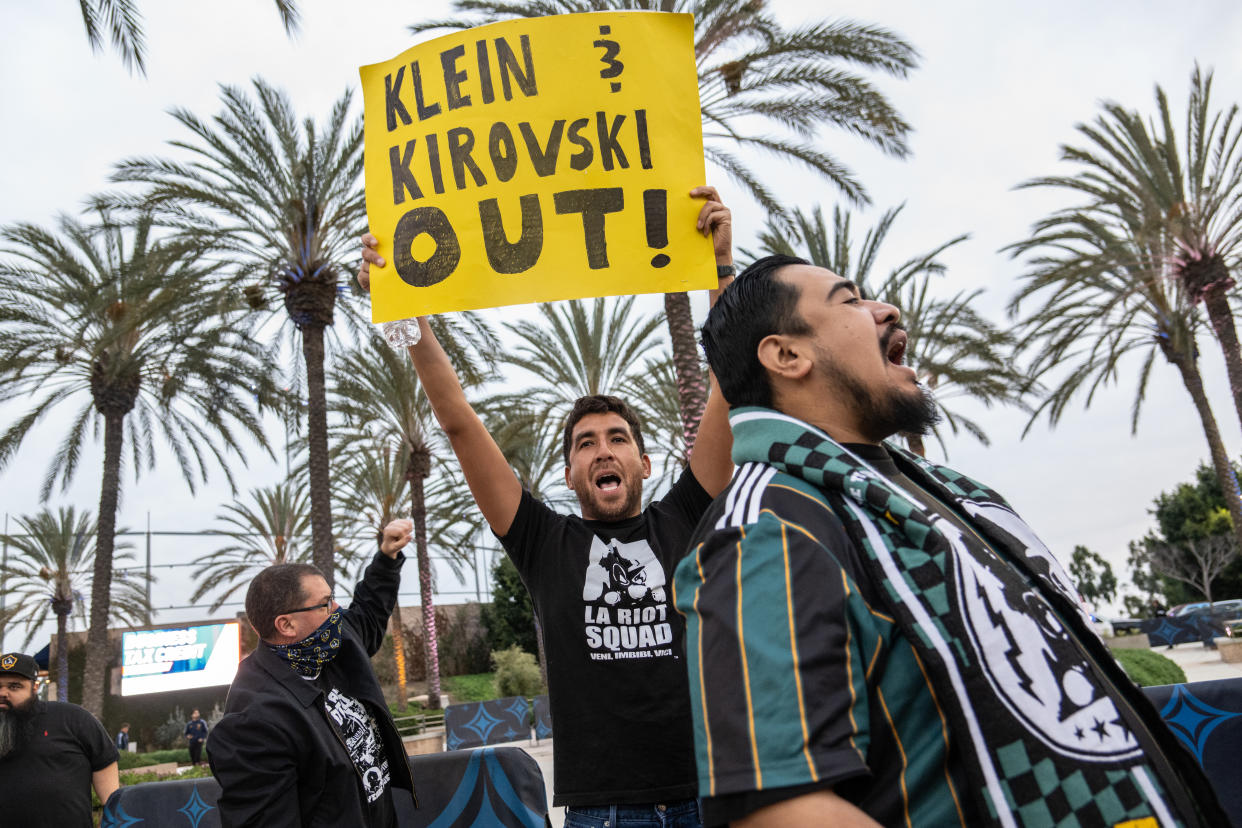 Los Angeles Galaxy fans protest the Galaxy front office and team president Chris Klein prior to the a match against Vancouver Whitecaps on March 18, 2023 in Carson, California. (Shaun Clark/Getty Images)