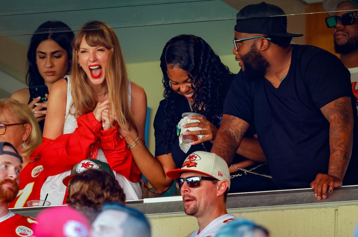 Taylor Swift cheers as the Kansas City Chiefs play the Chicago Bears on Sept. 24, 2023. <a href="https://www.gettyimages.com/detail/news-photo/taylor-swift-watches-during-a-regular-season-game-between-news-photo/1700723950?adppopup=true" rel="nofollow noopener" target="_blank" data-ylk="slk:David Eulitt/Getty Images;elm:context_link;itc:0;sec:content-canvas" class="link ">David Eulitt/Getty Images</a>