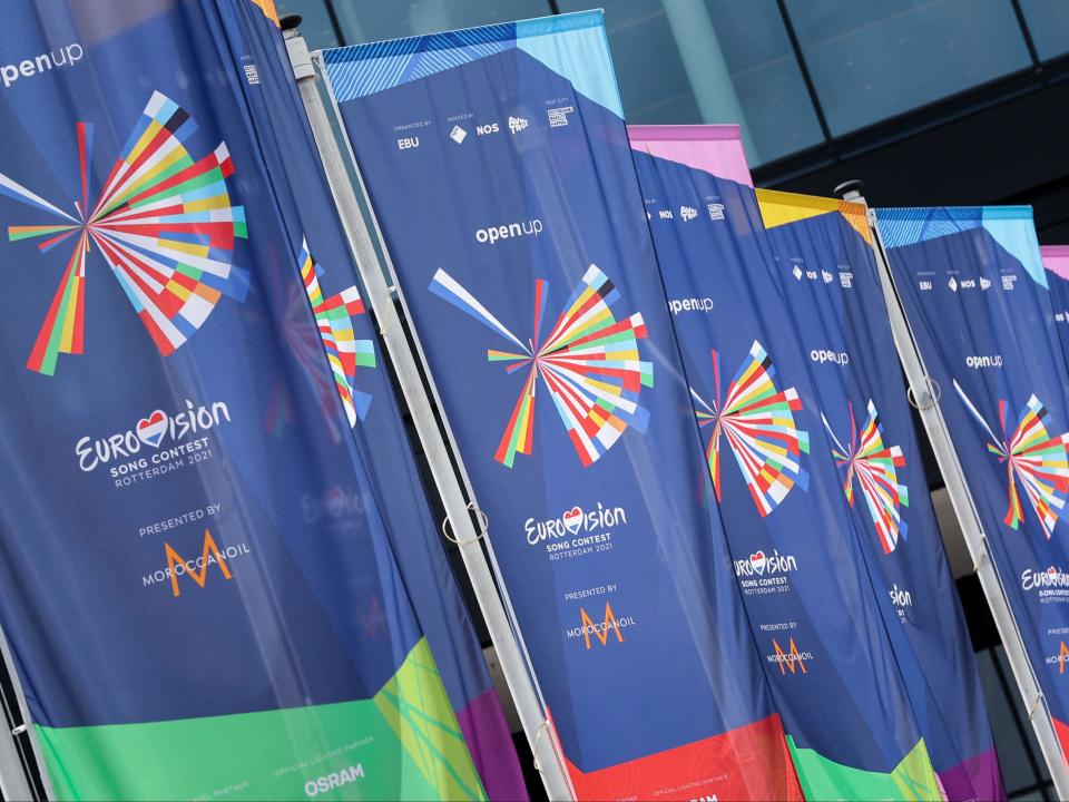 Flags at the entrance of the Rotterdam Ahoy convention centre ahead of the 65th edition of the Eurovision Song Contest on 12 May 2021 in Rotterdam (KENZO TRIBOUILLARD/AFP via Getty Images)