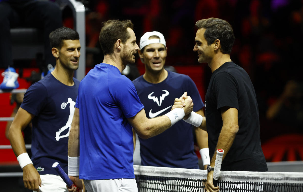 Tennis - Laver Cup - Media Day - 02 Arena, London, Britain - September 22, 2022 Team Europe's Andy Murray, Novak Djokovic, Roger Federer and Rafael Nadal during practice Action Images via Reuters/Andrew Boyers