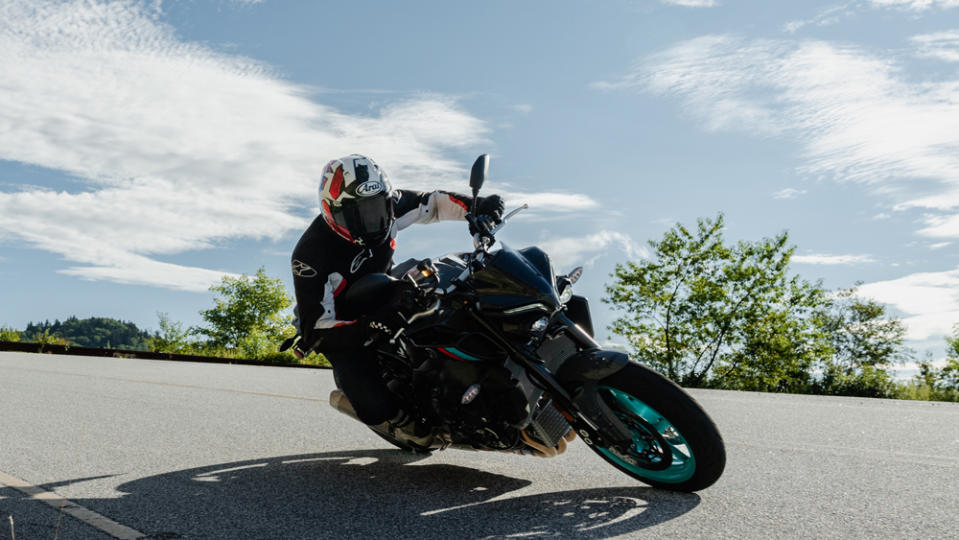 The front of the Yamaha MT-10 has been slimmed dramatically with new headlights and daytime running lights. - Credit: Joseph Agustin, courtesy of Yamaha.