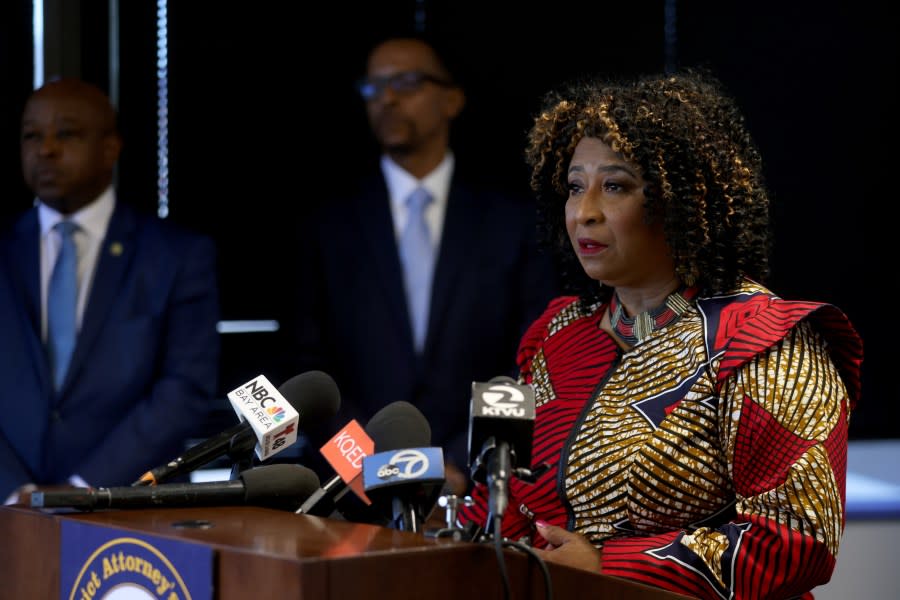 Alameda County District Attorney Pamela Price speaks during a press conference in Oakland on Nov. 7, 2023. (Jane Tyska/Digital First Media/ via Getty Images)