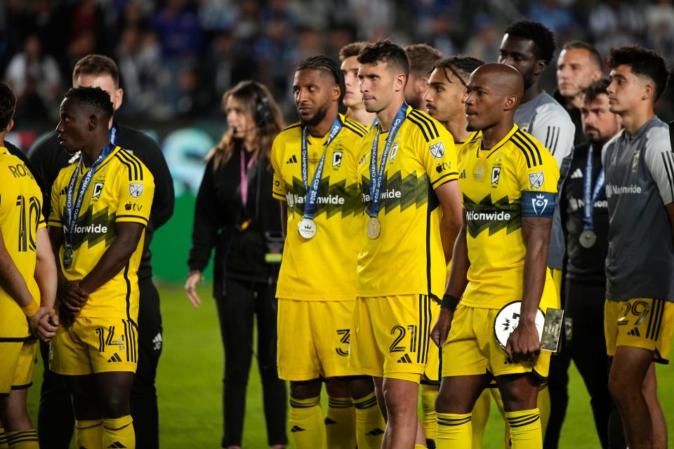 Jun 1, 2024; Pachuca, Hidalgo, Mexico; Columbus Crew players watch as CF Pachuca receives the trophy following the 2024 CONCACAF Champions Cup Championship at Estadio Hidalgo. Mandatory Credit: Adam Cairns-USA TODAY Sports