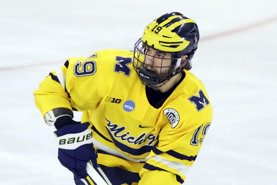 Michigan forward Adam Fantilli is among the players the Ducks could select in the NHL draft next month.