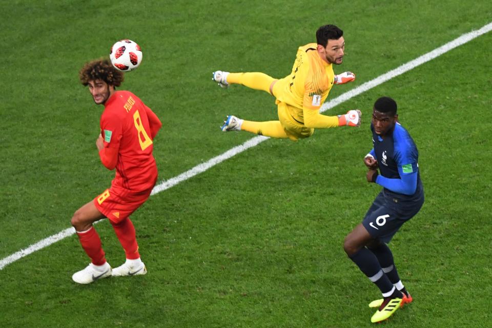 <p>(From L) Belgium’s midfielder Marouane Fellaini, France’s goalkeeper Hugo Lloris and France’s midfielder Paul Pogba eye the ball during the Russia 2018 World Cup semi-final football match between France and Belgium at the Saint Petersburg Stadium in Saint Petersburg on July 10, 2018. (Photo by FRANCOIS XAVIER MARIT / AFP) </p>