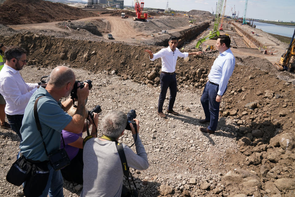 Rishi Sunak (left) speaks with Tees Valley Mayor, Ben Houchen, during a visit to Teesside Freeport, Teesworks, in Redcar, Teeside, as he outlines his vision for the future of Britain, as part of his campaign to become the next leader of the Conservative and Unionist Party and Prime Minister. Picture date: Saturday July 16, 2022.