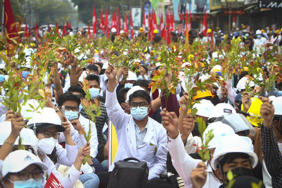 Students from the University of Medicine protest with brunches of Eugenia plants during an anti-coup protest in Mandalay, Myanmar, Sunday, Feb. 21, 2021. Police in Myanmar shot dead a few anti-coup protesters and injured several others on Saturday, as security forces increased pressure on popular revolt against the military takeover. (AP Photo)