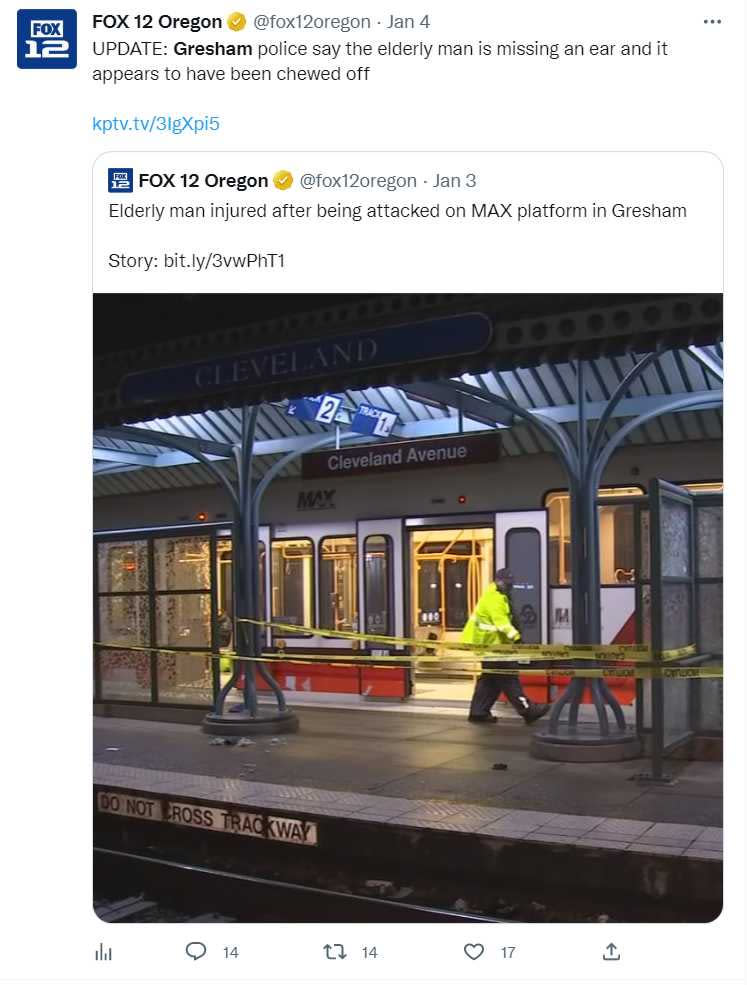 奧勒岡州發生一名78歲男子在月台等車時，突然遭一名男子喪屍式攻擊。（圖／翻攝自推特）