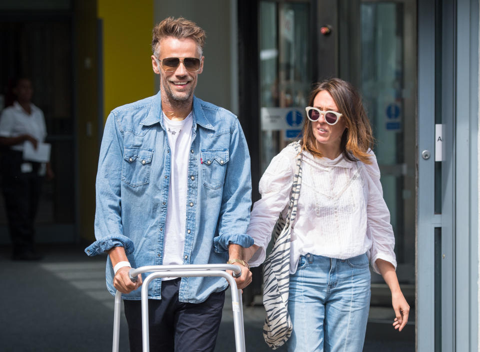 Former BBC TV Blue Peter presenter Richard Bacon leaves Lewisham Hospital in south east London with his wife Rebecca. (Photo by Dominic Lipinski/PA Images via Getty Images)