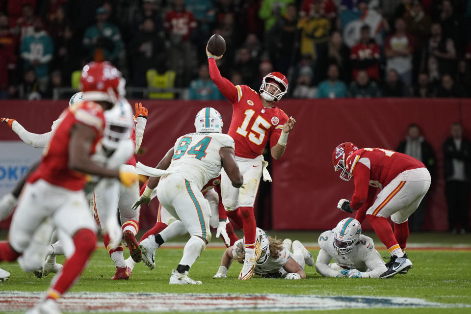 Kansas City Chiefs quarterback Patrick Mahomes (15) throws during the second half of an NFL football game against the Miami Dolphins Sunday, Nov. 5, 2023, in Frankfurt, Germany. (AP Photo/Martin Meissner)