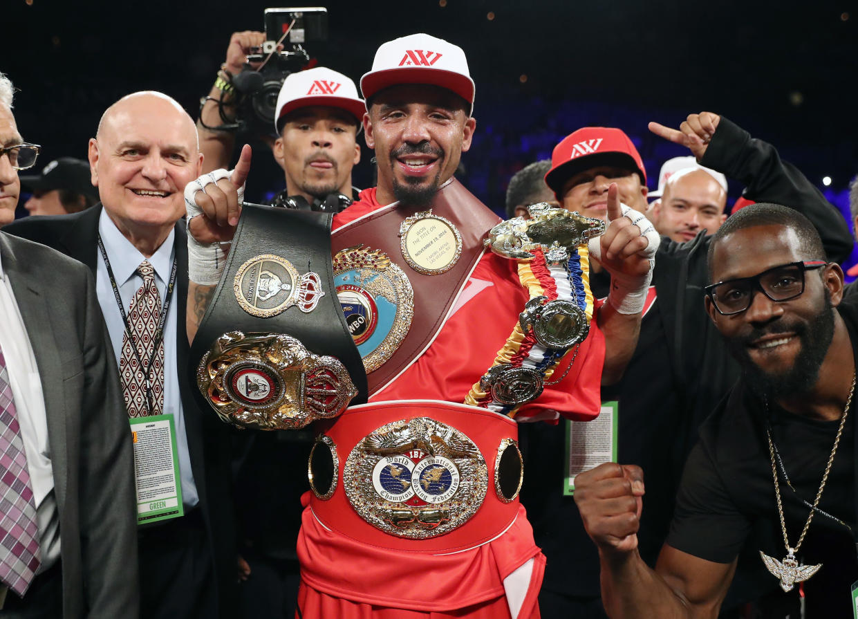 LAS VEGAS, NV - JUNE 17:  Andre Ward celebrates after winning his light heavyweight championship bout against Sergey Kovalev at the Mandalay Bay Events Center on June 17, 2017 in Las Vegas, Nevada. Ward retained his WBA/IBF/WBO titles with a TKO in the eighth round.  (Photo by Christian Petersen/Getty Images)