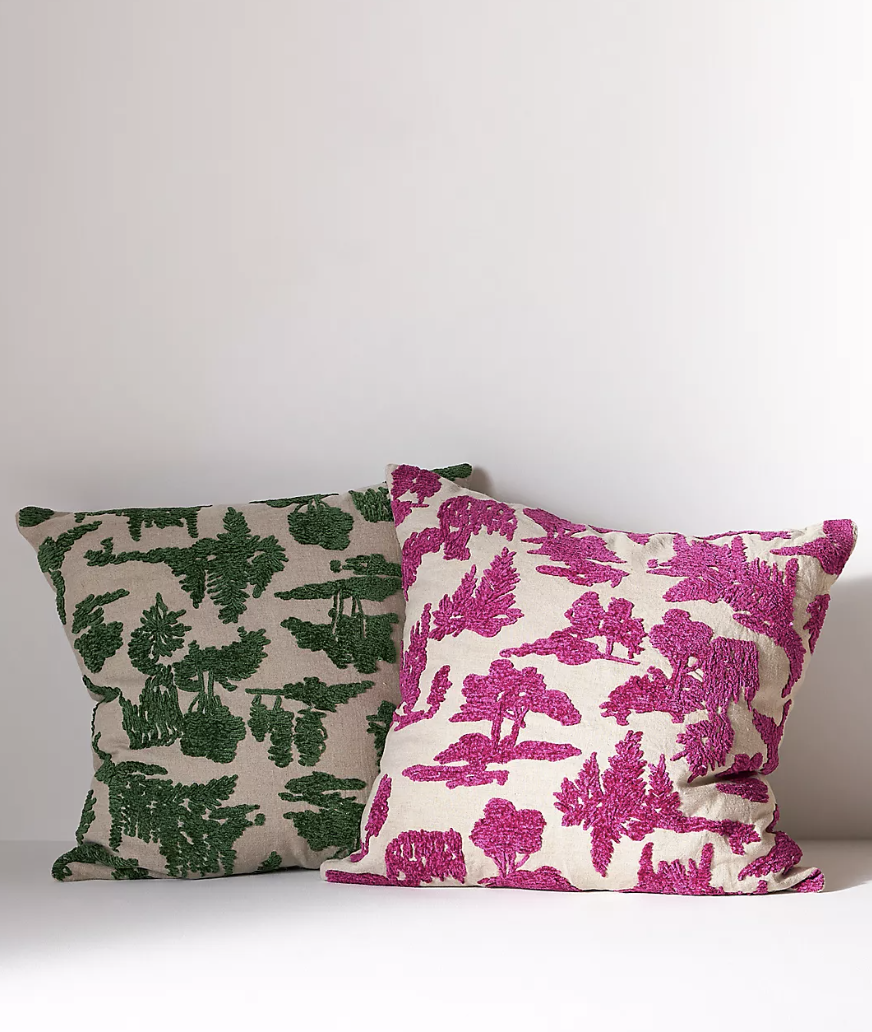 Embroidered Dorsey Pillow in pink, green and white print (photo via Anthropologie)