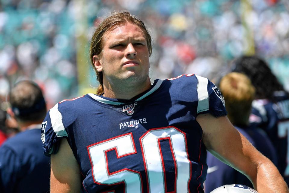 Sep 15, 2019; Miami Gardens, FL, USA; New England Patriots defensive end Chase Winovich (50) against the Miami Dolphins during the first half at Hard Rock Stadium. Mandatory Credit: Steve Mitchell-USA TODAY Sports