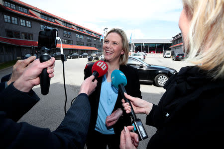 Sylvi Listhaug talks to the media after she was introduced as the new Senior and Public Health Minister in Oslo, Norway May 3, 2019. NTB scanpix/Stian Lysberg Solum via REUTERS