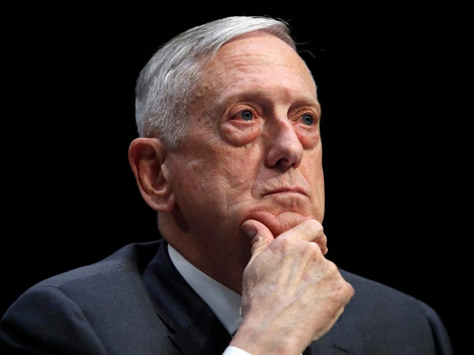 FILE - In this April 26, 2018, file photo, Defense Secretary Jim Mattis listens to a question during a hearing on Capitol Hill in Washington. Mattis warns bitter political divisions have pushed American society to the “breaking point” in his most extensive public remarks since he resigned in protest from the Trump administration.  (AP Photo/Jacquelyn Martin, File)