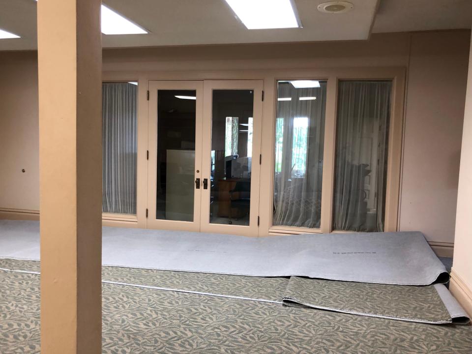 At the top of the stairs in the Bivins Home to the right are the doors leading to a beautiful office with balcony that overlooks the front door.