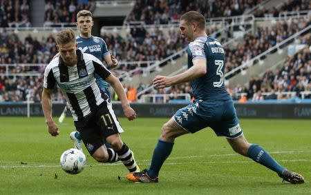 Britain Soccer Football - Newcastle United v Wigan Athletic - Sky Bet Championship - St James' Park - 1/4/17 Newcastle United's Matt Ritchie (L) has a penalty appeal turned down after this challenge by Wigan Athletic's Jake Buxton Mandatory Credit: Action Images / Craig Brough Livepic