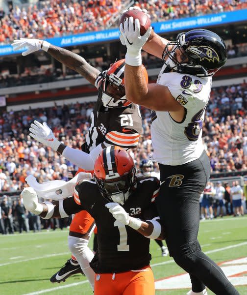 Baltimore Ravens tight end Mark Andrews (R) leads my Week 9 rankings. File Photo by Aaron Josefczyk/UPI