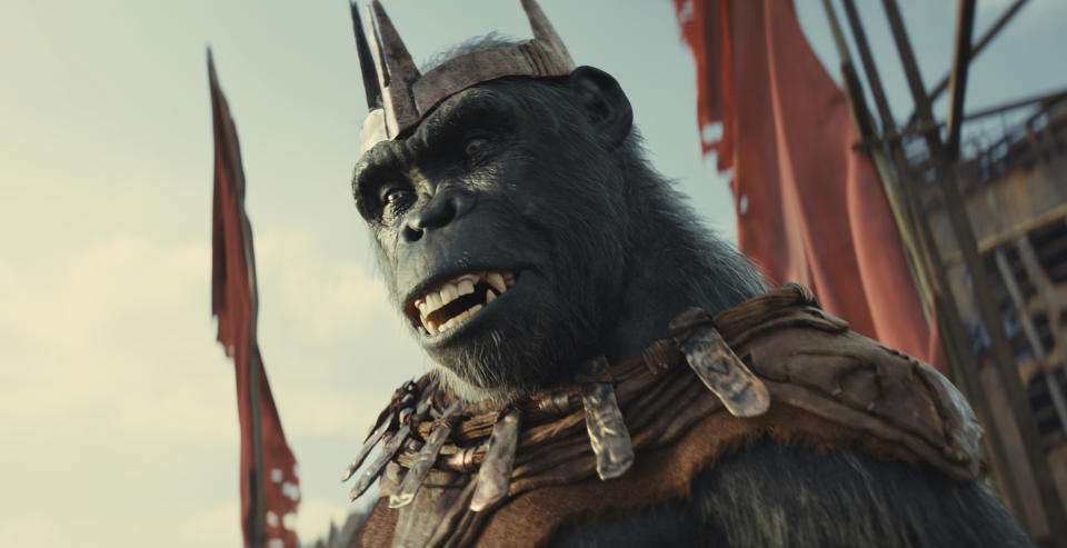 This image released by 20th Century Studios shows Proximus Caesar, played by Kevin Durand, in a scene from "Kingdom of the Planet of the Apes." (20th Century Studios via AP)