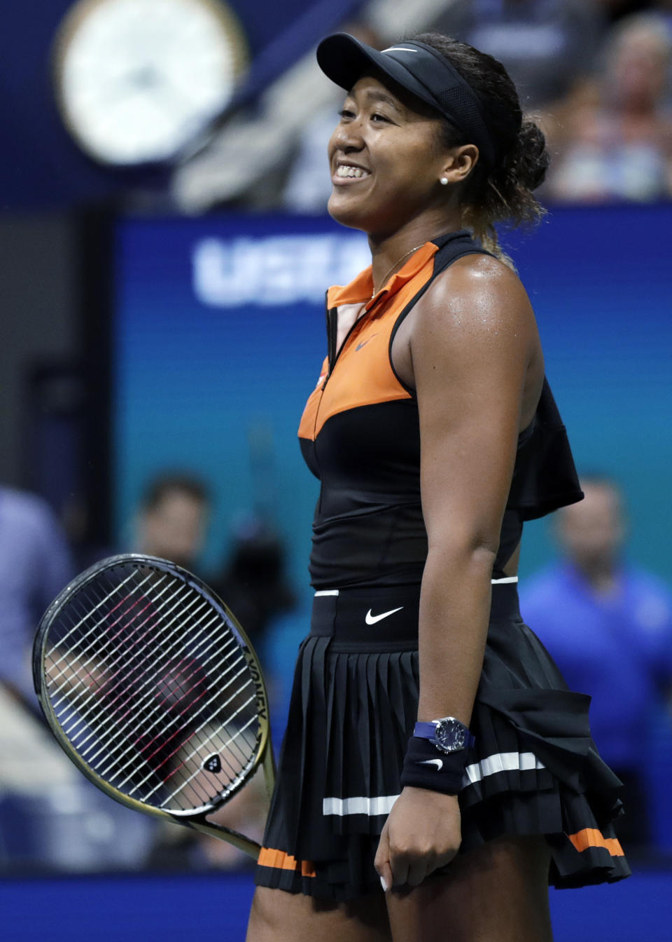 Naomi Osaka, of Japan, smiles after defeating Coco Gauff, of the United States, during the third round of the U.S. Open tennis tournament Saturday, Aug. 31, 2019, in New York. (AP Photo/Adam Hunger)