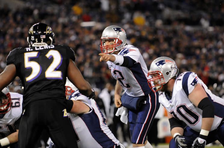 Tom Brady and the Patriots had a dramatic last-minute win against Ray Lewis and the Ravens in 2007. (AP)