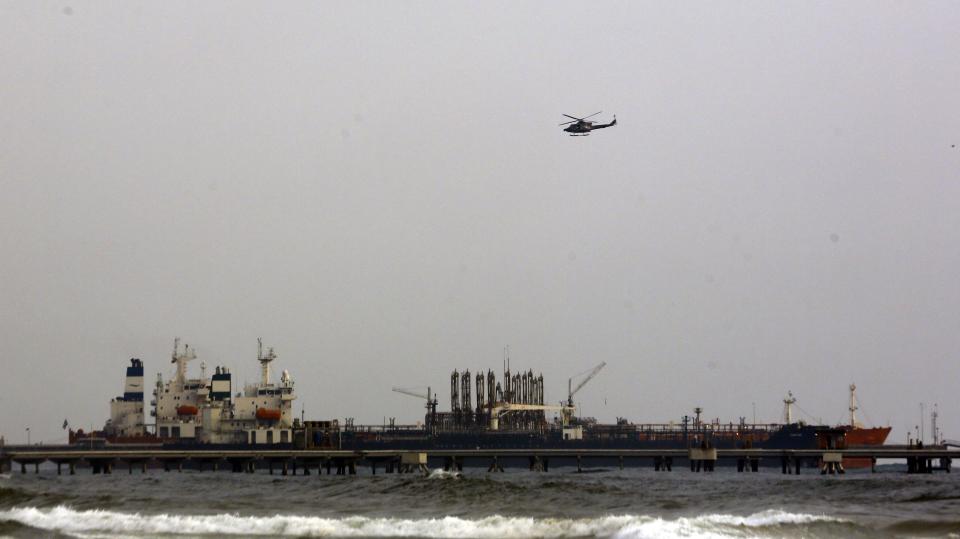 The Iranian oil tanker Fortune is anchored at the dock of El Palito refinery near Puerto Cabello, Venezuela, Monday, May 25, 2020. The first of five tankers loaded with gasoline sent from Iran is expected to temporarily ease Venezuela's fuel crunch while defying Trump administration sanctions targeting the two U.S. foes. (AP Photo/Juan Carlos Hernandez)