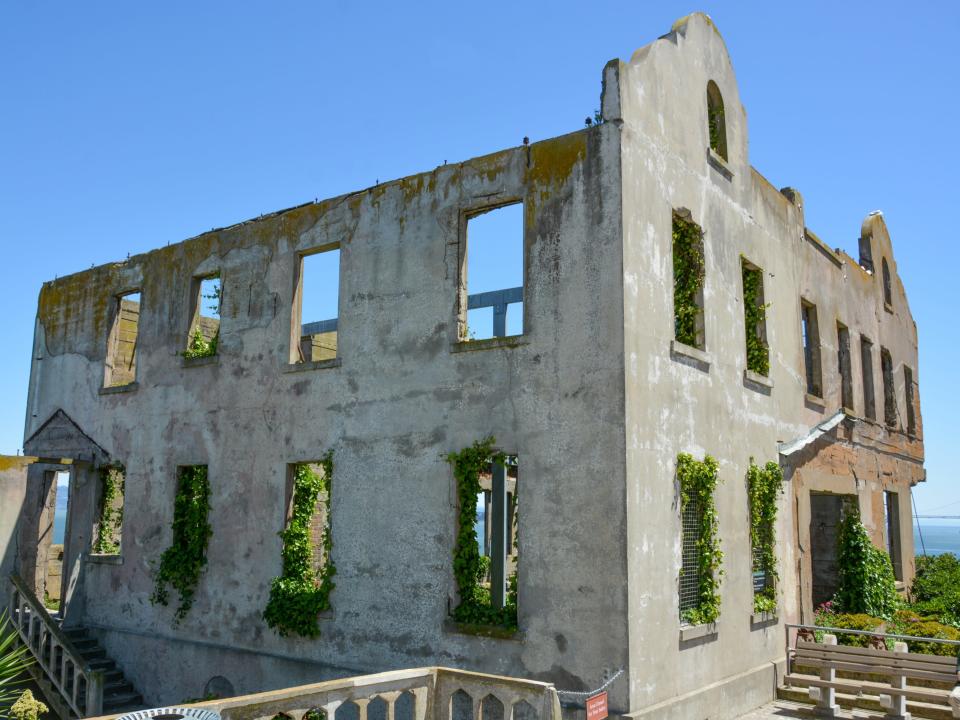 Burned shell remains of the Warden's Mansion on Alcatraz Island.